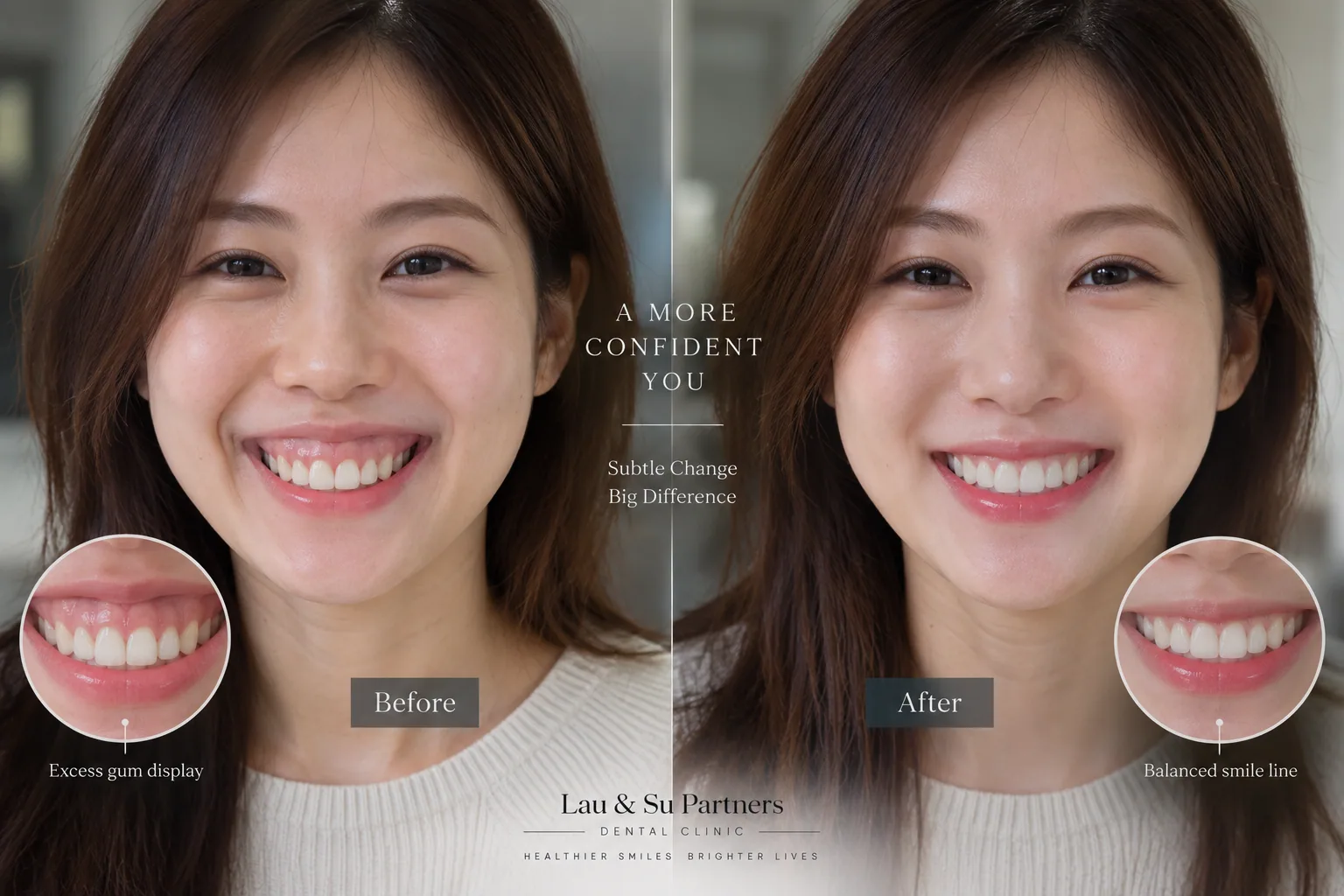 Before and after Botox for a gummy smile, with excess gum display relaxed into a balanced smile line and more tooth on show