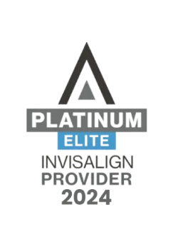 Invisalign Platinum Elite Provider 2024 badge, awarded for a high volume of clear aligner cases completed at our clinic