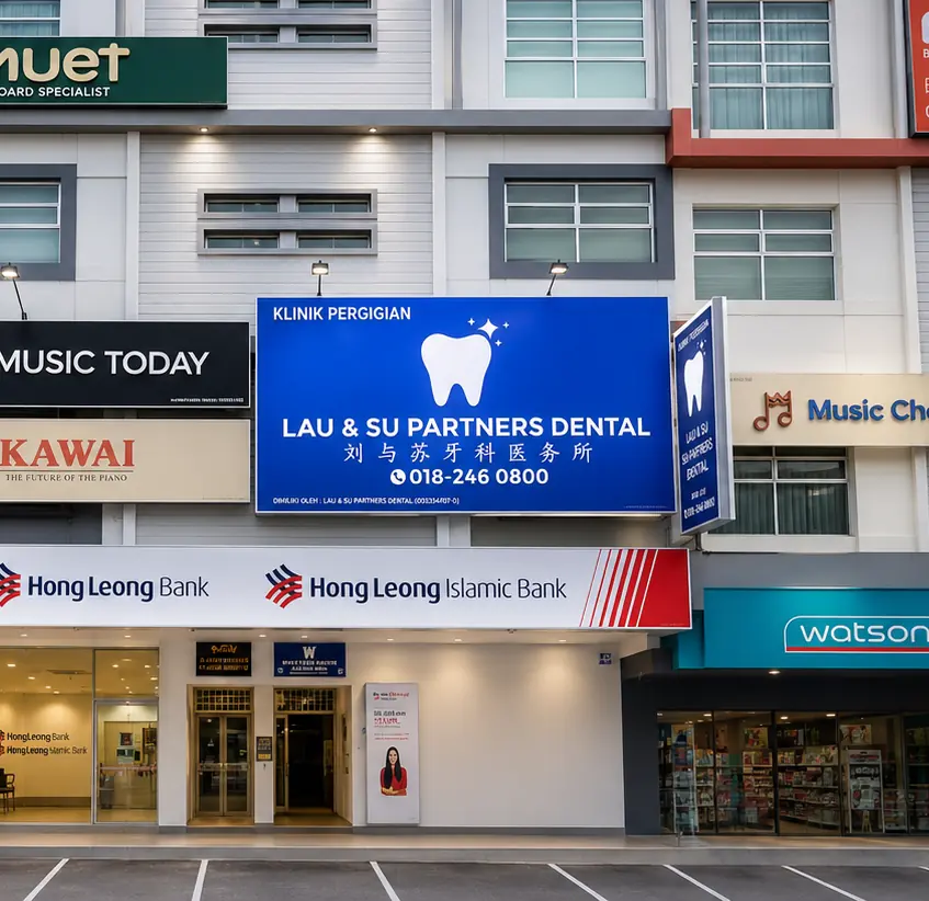 Lau & Su Partners Dental signboard above the Hong Leong Bank entrance at Jalil Link, Bukit Jalil