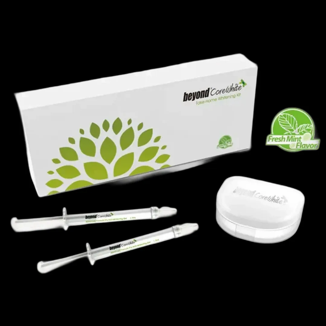 Take-home teeth whitening kit with gel syringes and a custom tray case, letting patients top up their brighter smile at home