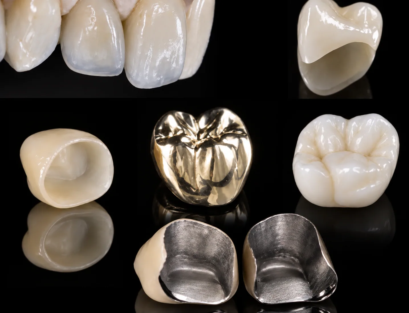 Types of dental crowns shown side by side — porcelain, zirconia, gold and metal caps used to restore a damaged or weakened tooth